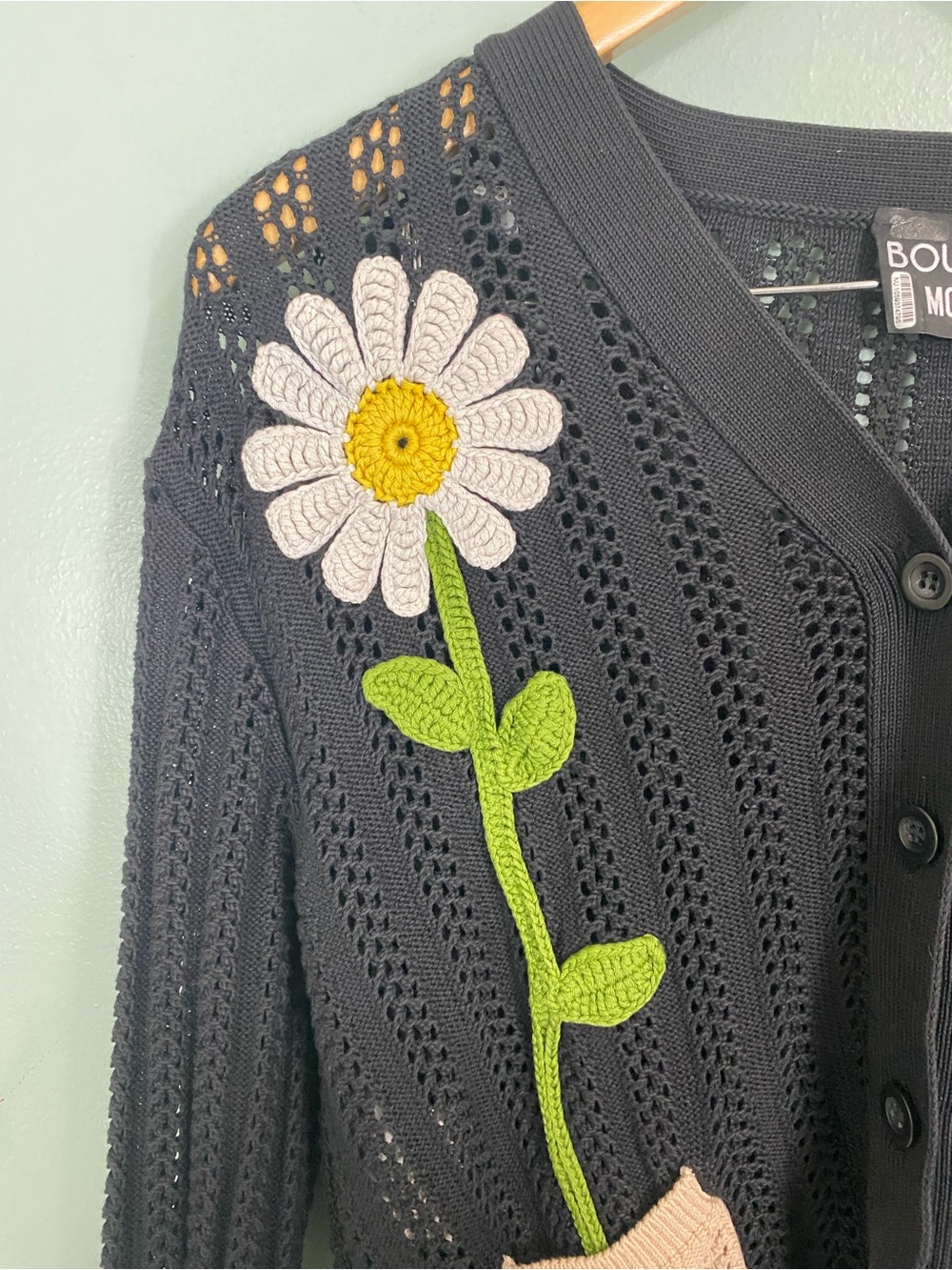 Boutique Moschino Daisies In My Pockets Cardigan Black Floral Size 4 - Picture 4 of 9